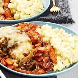 French Onion Chicken with Roasted Carrots & Mashed Potatoes